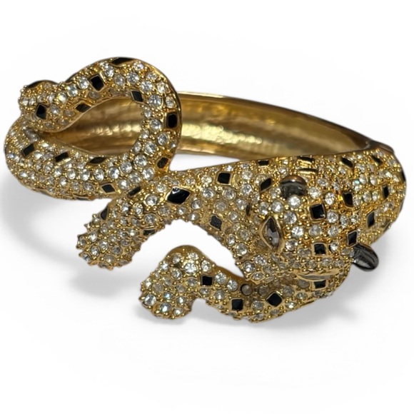 Vintage Gold with Pave Rhinestone & Black Enamel Leopard Clamper Bracelet